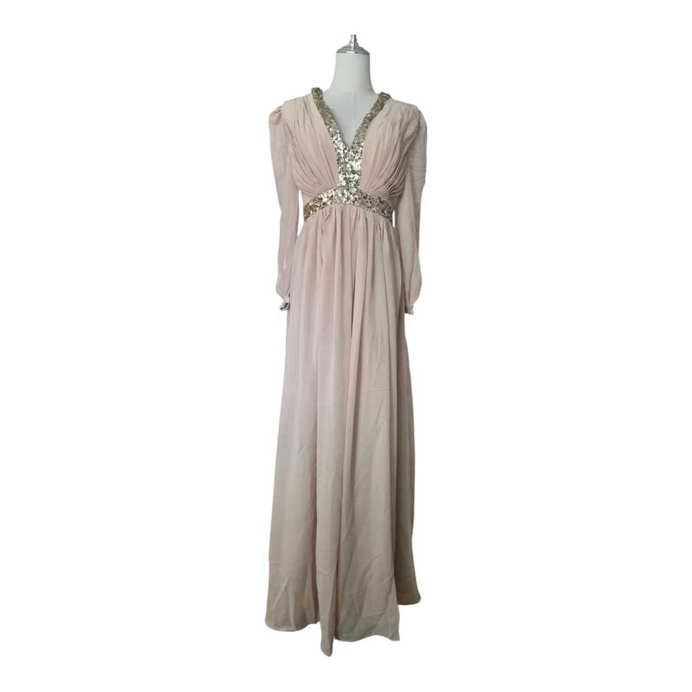 Dreamy Lily Blush Sequin Empire Waist Maxi Dress Long Sleeve Formal Gown Size 4